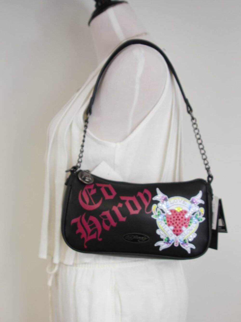 NWT Ed Hardy Tattoo Shoulder Bag Black Pink Love Kills Slowly Y2K Goth Punk